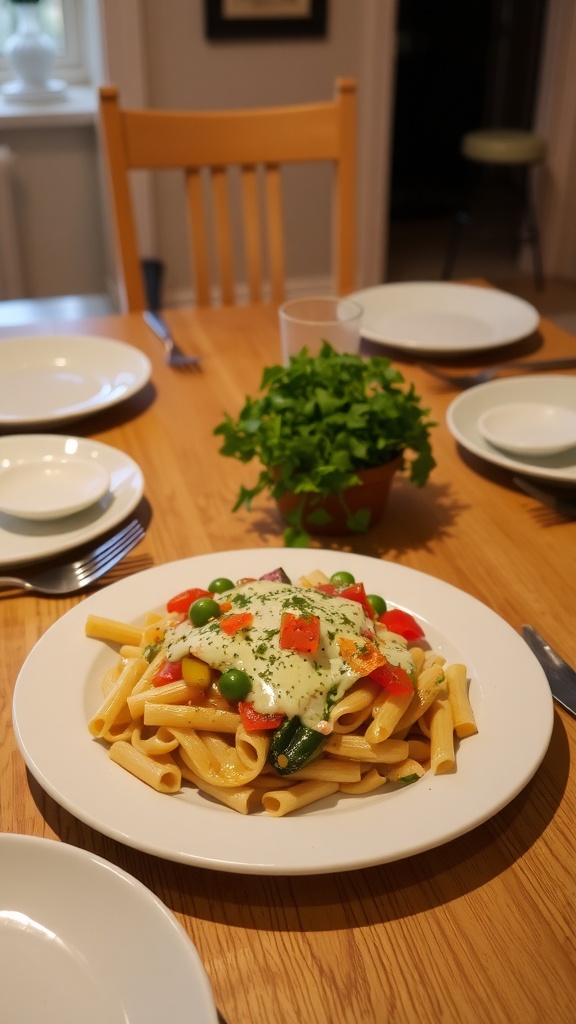 Family-Friendly Dinner Recipes for Three A delicious pasta dish with cheese and vegetables, served on a cozy dining table for three.
